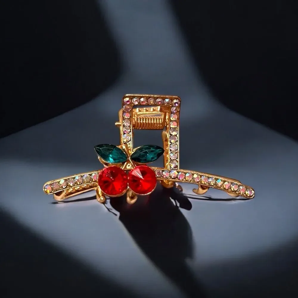 Elegant Red Cherry And AB Rhinestone Small Gold Hair Claw